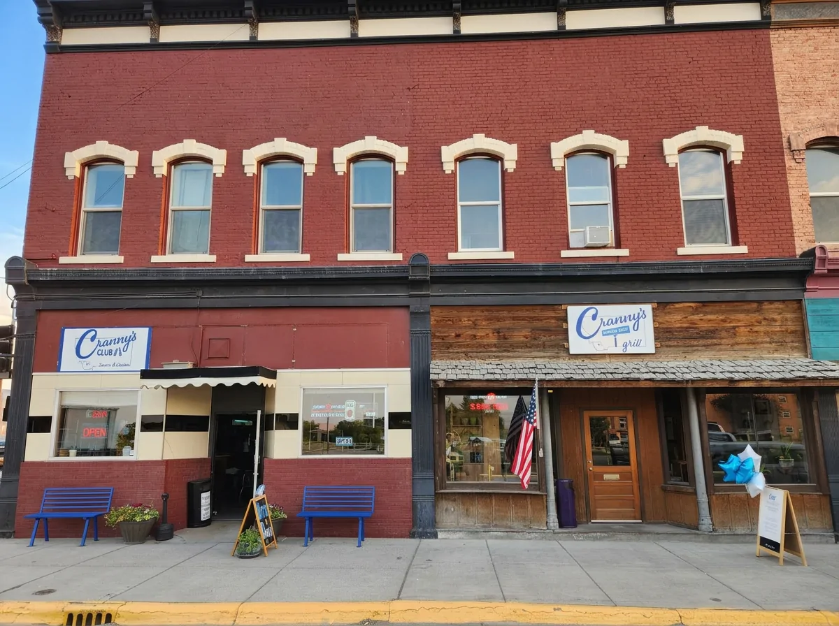 Front of the Cranny's building with the Club and Grill storefronts