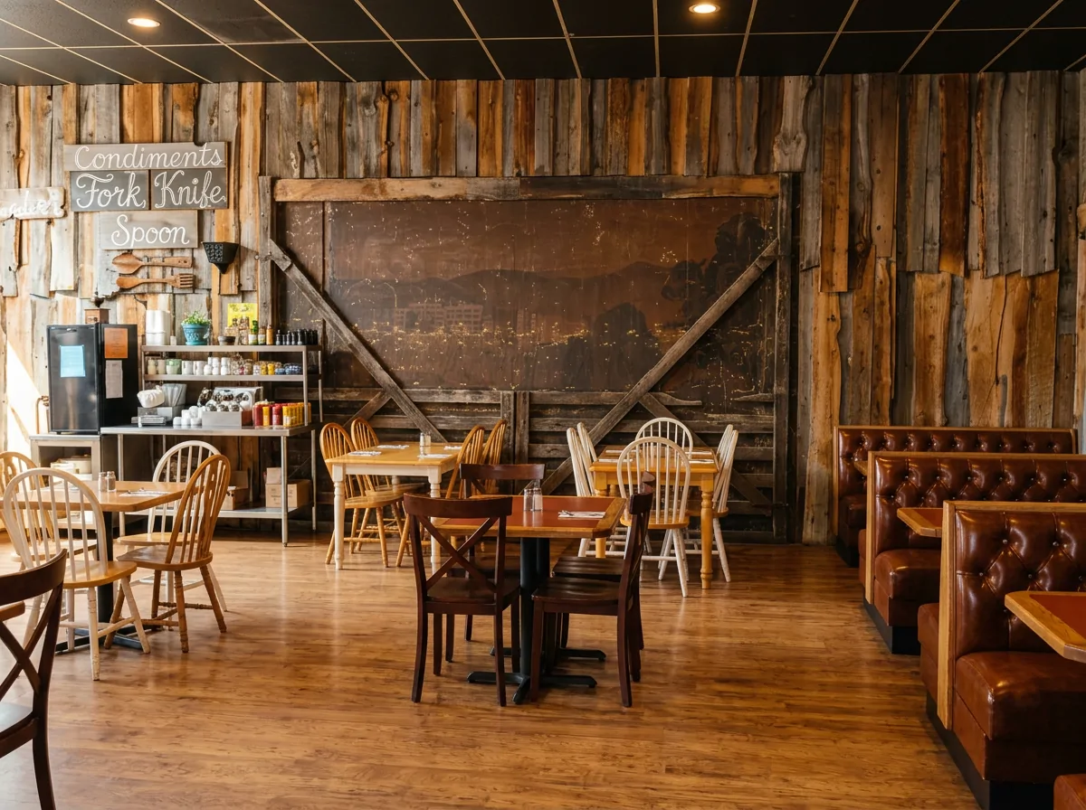 The Grill dining room with barn wood walls, wooden tables and leather booths