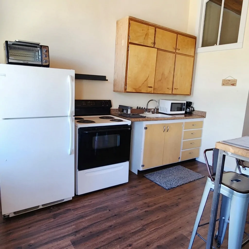 Studio kitchen with full fridge and stove
