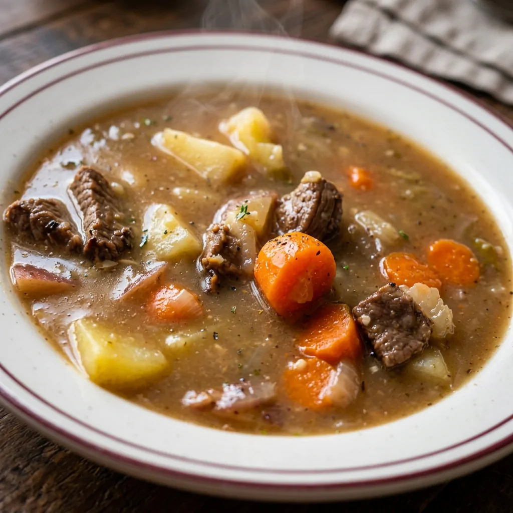 Bowl of beef stew with carrots and potatoes
