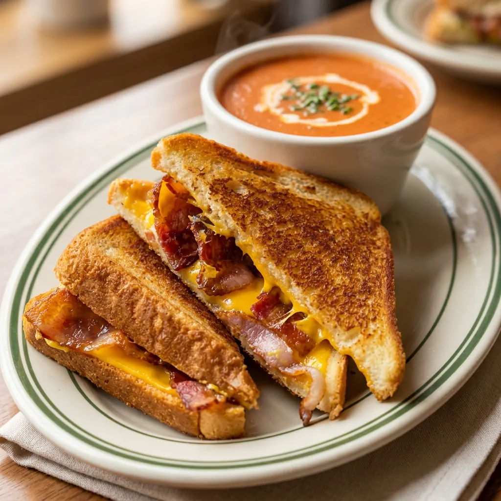 Bacon grilled cheese with a cup of tomato soup